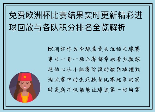 免费欧洲杯比赛结果实时更新精彩进球回放与各队积分排名全览解析